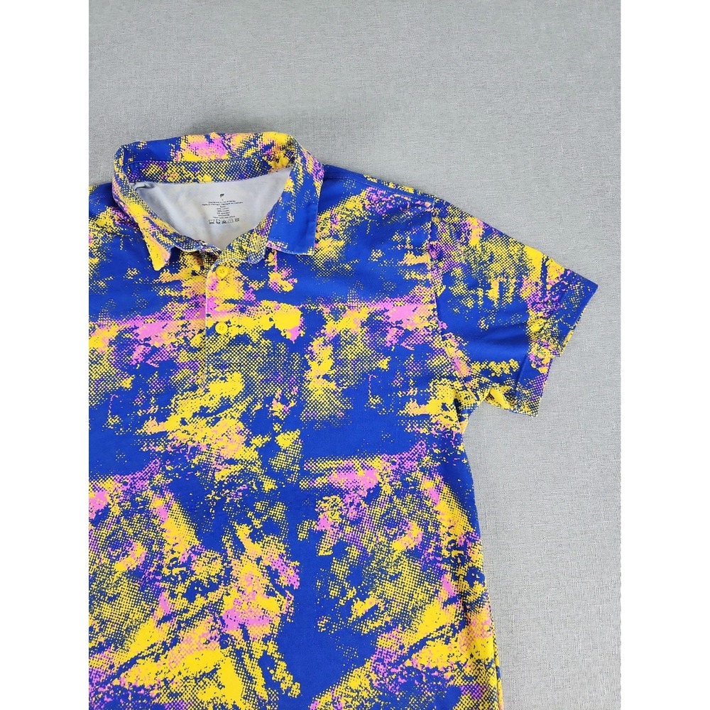 Fabletics Men's Small Paint Splash 24-7 Polo Shirt Purple Yellow Pink Modern